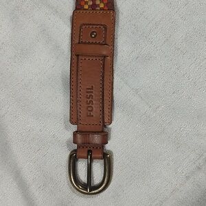 Fossil Belt Brown Basic Colorful Basket Weave Adjustable Buckle Women Small